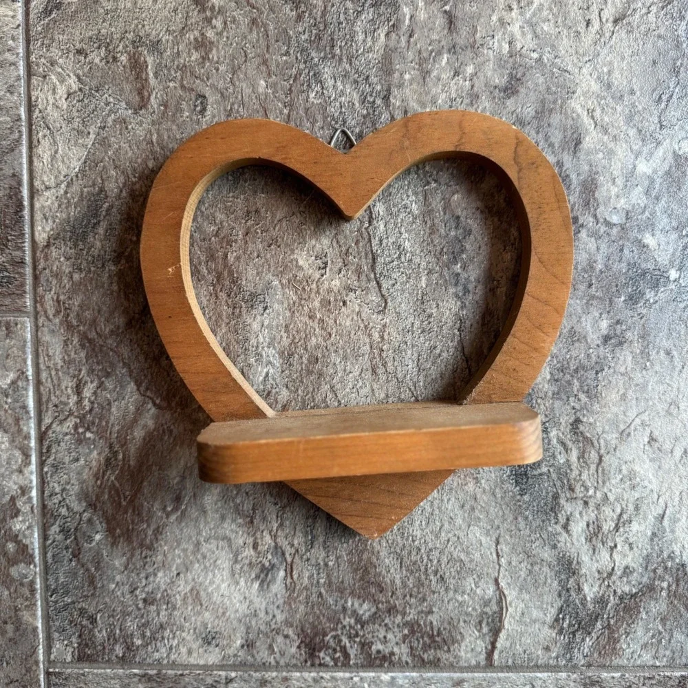 Vintage Wooden Heart Wall Shelf Small Floating Display Brown Rustic Home Decor